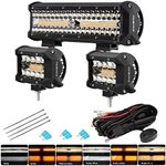 EverBrite 300W 12 Inch Light Bar & 2PCS 60W 4 Inch Led Pods, White Amber Strobe 6 Modes with Memory Function, Off Road 12V Led Lights for SUVs, Trucks, 16AWG Wiring Harness Kit