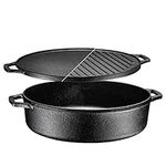 Bruntmor 3-in-1 Pre-Seasoned Cast Iron Skillets with Reversible Grill Griddle Lid - 6.8 Quart Round Deep Roasting Pan for Frying, Grilling, Dutch Oven Cooking - Non-Stick Cast Iron Cookware - Black