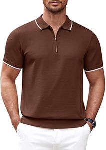 COOFANDY Men's Knit Polo Shirt Short Sleeve Collar Zipper Striped Classic Fit Work Polo Golf T Shirts Brown X-Large