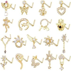 TAMHOO 18Pcs 18g Nose Rings Studs L Shaped Nose Rings For Women Gold Dangle Nose Rings L Shaped Gold Nose Piercing Jewelry Set Diamond Nose Studs For Women Cubic Zirconia CZ Butterfly Nose Rings 18g