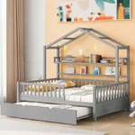 Full Size House Bed, Full Size House Bed Frame with Drawers & Storage Shelves, Twin Size House Bed with Roof Design, 57.8" W Solid Wood Low Platform Bedframe with Fence & Trundle Grey