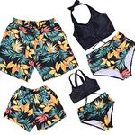 Mommy and Me Family Swimsuits Matching Set Print Bikini Swim Trunks Bathing Suit, Black, 2-3T