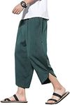 DOSLAVIDA Men's Casual Elastic Waist Linen Capri Pants Wide Leg Baggy Cotton Harem Yoga Trousers Loose Patchwork Shorts, Solid-green2, Large