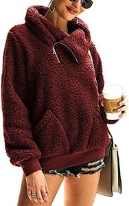 KIRUNDO Women's 2025 Winter Lapel Fuzzy Fleece Sweatshirt Faux Shearling Zipper Warm Sherpa Pullover Outwear With Pockets(Large, Wine Red)