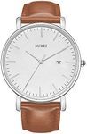 BUREI Men's Watch Ultra Thin Quartz Analog Wrist Watch Date Calendar Stainless Steel Leather Band