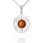 AMBEDORA Women's Necklace 925 Silver Round Baltic Amber Celtic Circle of Life Pendant on a Chain with a Snake Chain Gift Set, Sterling Silver, Amber