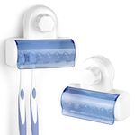 Self Adhesive Toothbrush Holder with Cover for Bathroom, 5-Slot Wall Mounted Toothbrush Organizer Rack for Shower, Dorm, Cabinet (Blue 2pack)