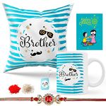 Kaameri Bazaar Cool bro Printed Cushion Cover with Filler, Coffee Mug, Keychain,Rakhi for Brother, Roli chawal and Greeting Card - Raksha bandhan Rakhi Gift for Brother bhai Men