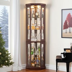 CKEASEAN 70" H Curio Corner Cabinet, Lighted Glass Display Cabinet with Adjustable Shelve, Tempered Glass Door, Bulb Inclued, Wooden China Cabinet for Living Room