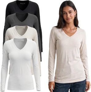 Emmalise Long Sleeve V Neck T Shirt Women Tee - 4pk-black,white,charcoal,oat, 2XL