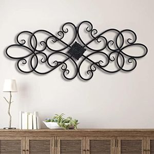 Sintosin Black Wrought Iron Wall Decor 32" x 13", Hanging Flower Scroll Metal Wall Art Decor, Living Room Wall Decor, Vintage House Decorations for Indoor Outdoor Fireplace Bedroom