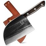 ENOKING Serbian Chefs Knife - Hand Forged Meat Cleaver Chopping Butcher Knives Full Tang High Carbon Stainless Steel with Carrying Sheath for Kitchen, Outdoor Cooking, Camping, BBQ (Brown Handle)