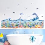 decalmile Under The Sea Seaweed Grass Wall Decals Dolphins Fish Ocean Wave Baseboard Skirting Line Wall Stickers Kids Bedroom Bathroom Wall Decor