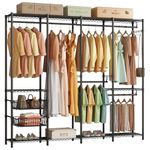 Forthcan Clothes Rail Heavy Duty Clothes Rails, Metal Clothing Rail Freestanding Portable Wardrobe Closet Rail with 2 Slid Baskets for Hanging Clothes Wire Clothes Rack, 192.5 x 45 x 195 cm, Black