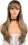 CLOVAD Wavy Wig with Bangs for Women, Ash BlondeSynthetic Curly Wig, 24 Inches Heat Resistant Fiber Hair Replacement Natural Looking Long Wigs