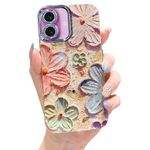 Elzzi Compatible with iPhone 16 Case 3D Laser Flower Oil Painting Cute Colorful Blue Ray Bumper with Full Camera Protection Shockproof PC+TPU Glossy Shiny Cover for Girls Women, Pink