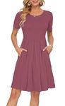 AUSELILY Women's Short Sleeve Pleated Loose Swing Casual Dress with Pockets Knee Length Mauve M