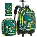 3PCS Rolling Backpack for Boys, 19 Inche Roller School Backpack with Wheels, Dinosaur Wheeled Bookbag Set for Men(Green)