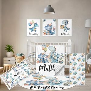 Terwex Custom Baby Crib Set - 5 Pcs Personalized Name Blue Dinosaur Crib Bedding Set for Infants Toddlers - Soft Double Layer Nursery Bedding Set for Boys - Customized Gifts for Baby Shower Birthday