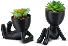 WOODWORD Fake Succulent, Mini Succulents Plants Artificial in Black Modern Human Shaped Ceramic Pots Desk Decor Desk Plant for Office Decor for Women, Cute Fake Plants Bathroom Decor 2PCS