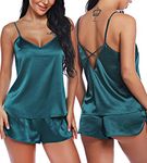 RSLOVE Sexy Pajama Set Women Sexy Satin Pyjamas Set Silk Cami and Shorts Set Nightwear Lingerie Green M