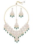 ZAVERI PEARLS Green Kundan Austrian Diamonds Artificial Stones & Beads Embellished Bridal Necklace Earring & Maangtikka Set For Women-ZPFK16926