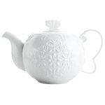 Sizikato White Porcelain Teapot with Lid, 30oz Coffeepot, Flower and Butterfly Embossed