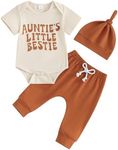 FIOMVA Newborn Baby Summer Clothes Boy Letter Print Short Sleeve Onesie Romper+Long Pants+Knot Hat Set Infant Outfits 3Pcs (Khaki Aunties Little Bestie, 0-3 Months)