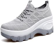 Women's Chunky Platform Comfort Orthopedic Wedge Walking Shoes Fashion Knitted Breathable Lace Up Lug Sole Casual Non-Slip Running Shoes With Arch Support (grey, Adult, Women, 7, Numeric, US Footwear Size System, Medium)