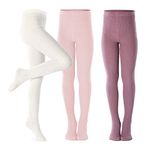 Toddler Girls Cotton Tights Seamless Cable Knit Baby Girls Tights and Leggings Cute Kids Solid Color Tights 3 Pack Pink/Purple/Ivory 9-10Y