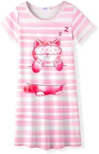 Arshiner Girls Nightgowns Short Sleeve Cotton Cute Pink Cat Pajama Sleepwear Dress 5-6 Years