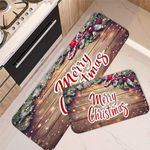 FUYEUN Christmas Kitchen Rugs Sets of 2,Wood Grain Merry Christmas Floor Mats Pine Bells Non-Slip Washable Xmas Area Rug Doormat Indoor Home Decor,16"x24" + 16"x47"