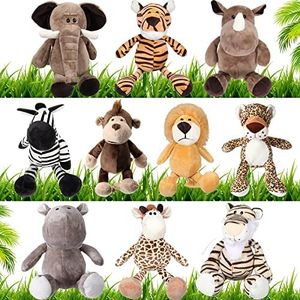 10 Pieces 11.8 Inches Plush Safari Stuffed Animals Toy Set for Girls and Boys, Cute Elephant Giraffe Lion Tiger Monkey Rhinoceros Zebra White Tiger Leopard Hippo for Baby Shower Jungle Theme Party