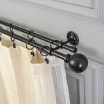 Window Casa 84"-144" Adjustable Double Curtain Rod For Door & Windows With Brackets Set Curtains Hanging Extendable Iron Metal Pipe Holder With Ross Grey Metal Finial (Black, 0.78" Diameter)