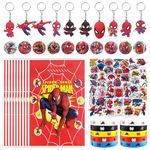 90 pcs Party Favors for Kids, Spider Man Party Supplies, Loot Bag Fillers,50 Stickers,10 Gift bags,10 Wristbands,10 Keychains,10 Badges Birthday Party Gifts Set