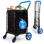 SereneLife Foldable Shopping Cart- Utility Cart w/ Waterproof Cart Liner, Heavy Duty Portable Grocery Cart, 360° Swivel Wheels- 110 lbs Capacity 