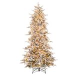 Goplus 7.5ft Pre-Lit Snow Flocked Christmas Tree, Artificial Hinged Xmas Tree with 350 Warm-White Incandescent Lights, 1107 Branch Tips, Natural Pinecones, Metal Stand, for Holiday Office Home Decor