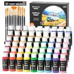 Shuttle Art 54 Colors Acrylic Paint, Acrylic Paint set with 12 Paint Brushes, 2oz/60ml Bottles, Rich Pigmented, Water Proof, Premium Paints for Artists, Beginners and Kids on Canvas Rocks Wood Ceramic