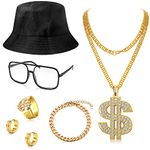 HAIAISO 80s 90s Hip Hop Costume Kit Fake Gold Chain Bracelet Bucket Hat Sunglasses Dollar Sign Ring Rapper Accessories