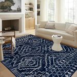 Wonnitar Moroccan 8x10 Rug Living Room Area Rugs, Washable Blue Bedroom Rug, Non-Slip Large Soft Non-Shedding Ultra-Thin Farmhouse Boho Throw Carpet for Dining Table Office Mudroom (Blue,8'x10')