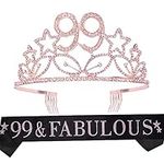 MEANT2TOBE 99th Birthday Sash and Tiara for Women, Fabulous Glitter Sash + Stars Rhinestone Pink Premium Metal Tiara for Her