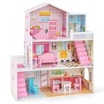 COSTWAY Wooden Dolls House, Large 3-Storey Dollhouse with Furniture Accessories, Ladder & Window, DIY Pretend Toy House Playset Gift for Children 3-7 Years Old, 60 x 25 x 70cm