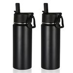 Volhoply 18oz Insulated Water Bottle Bulk 2 Pack,Kids Stainless Steel Water Bottles with Straw Lid,Wide Mouth Reusable Metal Thermos Bottle,Double Wall Vacuum Sports Flask for Cold Drink(Black,2 Set)