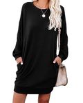 PrinStory Women Jumper Dress Long Sleeve Winter Dresses Casual Loose Mini Dresses Knitted Pullover Sweater Tunic Tops Basic Dress with Side Pockets UK Size 14-16 (Black, L)