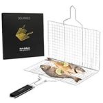 GOURMEO BBQ Grill Basket - Stainless Steel Fish & Vegetable Grilling Tray with Handle & Brush - Rustproof Baskets for Barbeque