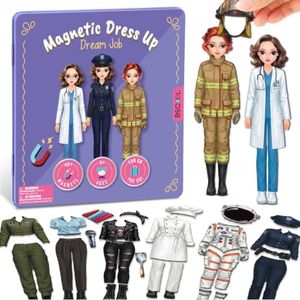 BSCOOL Magnetic Dress Up Dolls for Toddlers - Dream Job Career Pretend Play Set with 70+ Magnets | Travel Toy for Girls Ages 3+ | Doctor, Police Officer, Firefighter Outfits & Accessories