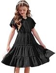 Girls Summer Dress V Neck Short Sleeve Dress a Line Swing Dot Dress Solid Color Casual Dress Wedding Festive Elegant Chiffon Dress with Pocket 9-10 Years Black
