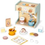 OOOK 2-in-1 Toy Coffee Maker, Kids Wooden Coffee Maker Playset, Toddler Pretend Play Kitchen Food Small Coffee Shop with 28 Pcs Play Kitchen Accessories for Girls & Boys