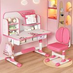 Kids Desk and Chair Set, Height Adjustable Children Study Desk, Golden Distance Preventing Myopia Design, Children Study Desk with Spacious Storage Drawer for Boys Girls Home Study Tool (Pink-C)