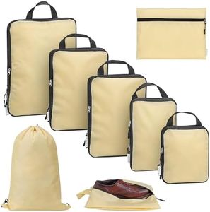 Navaris Set di 8 Cubi da Viaggio a Compressione - Organizer Valigia Sottovuoto - Packing Cubes Resistenti - Organizzatori Salvaspazio per Viaggi - Borse Viaggio Poliestere - Beige